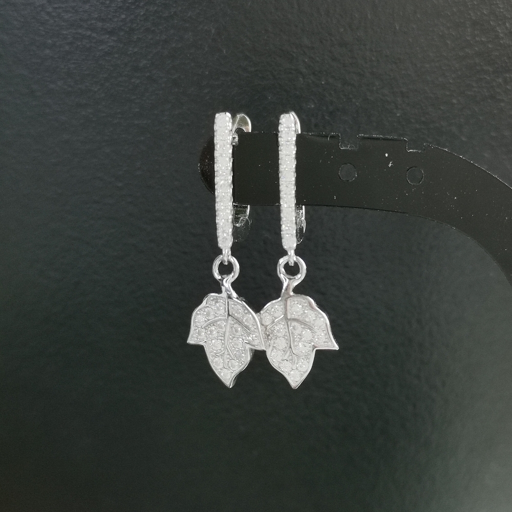 Sterling silver cz modernist lever back earrings leaf design 🆕